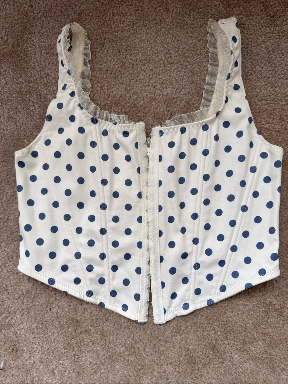 Altar'd State White Crop Corset Top with Navy Polka Dots